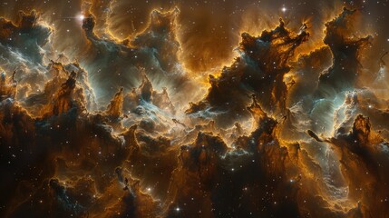 Golden nebula clouds, cosmic dust, and distant stars. Space exploration, science