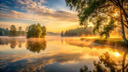 Obraz premium Serene Sunrise Over a Misty Lake with Reflections of Trees and Golden Sky