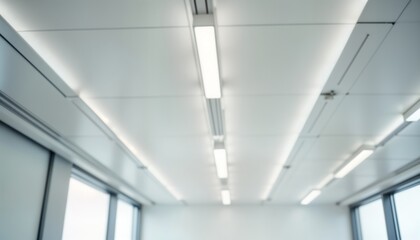 Modern office interior with bright white ceiling, fluorescent lights. Interior design features minimalist style. Empty room shows modern tech, eco friendly construction. Modern lighting system