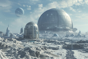 Obraz premium Futuristic City on an Extraterrestrial Planet with High-Tech Space Domes and Skyscrapers Designed for Survival in Harsh Alien Worlds