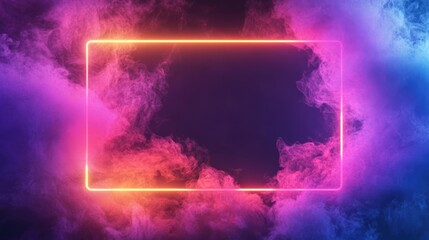 Neon rectangular frame glowing with colourful light on black smoke background with copy space. Night club urban concept
