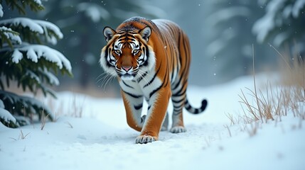 Obraz premium Majestic Siberian Tiger Walking Through Winter Snow