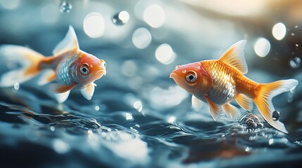 Goldfish swimming, water droplets, bokeh background, aquarium