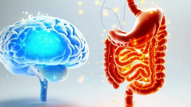 3D rendered image of human brain and gut, brain gut axis, interaction between brain and gut