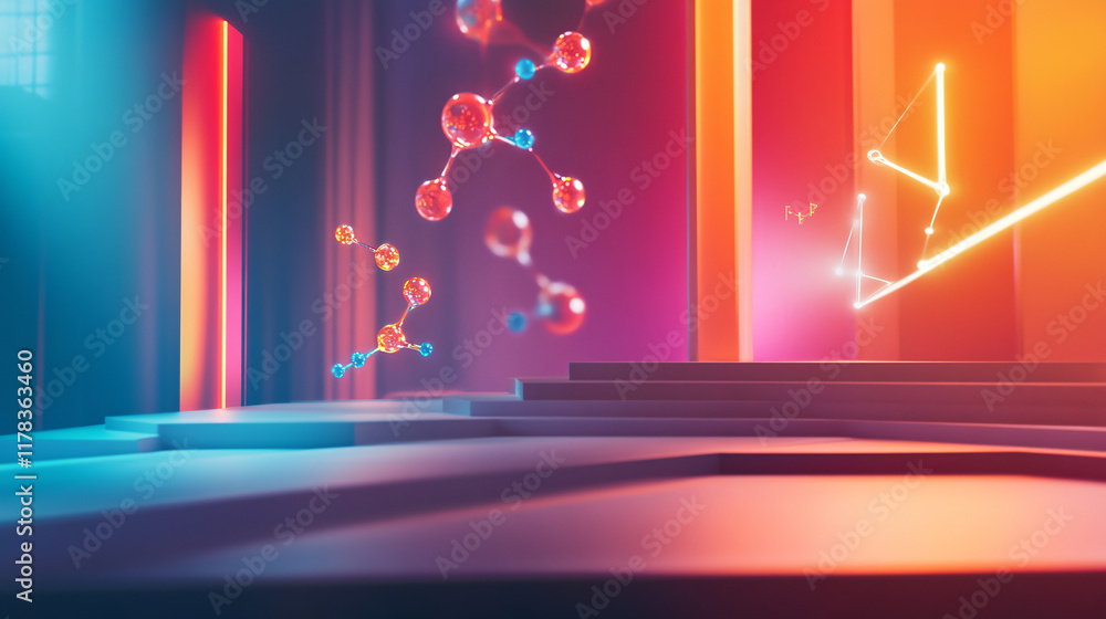 Poster an abstract keynote speech at a futuristic science conference, with vibrant holograms of molecular m
