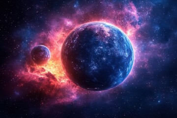 Fototapeta premium A vibrant cosmic scene featuring two planets amidst a colorful nebula.