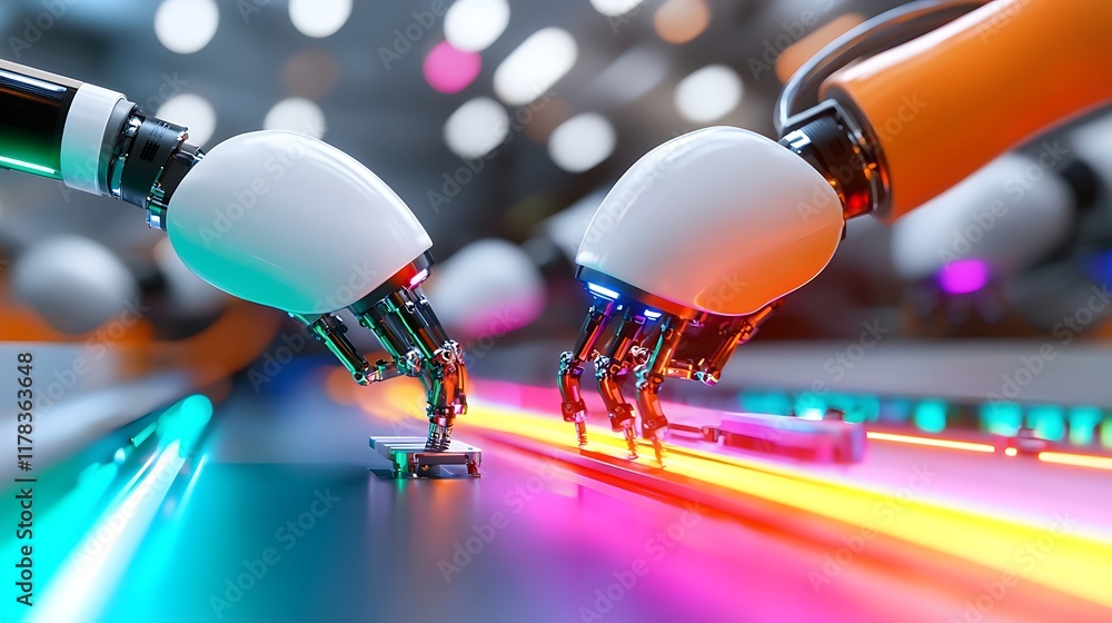 Aufkleber two robotic arms with illuminated hands working together on a colorful assembly line.