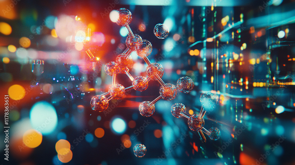 Poster an abstract keynote speech at a futuristic science conference, with vibrant holograms of molecular m