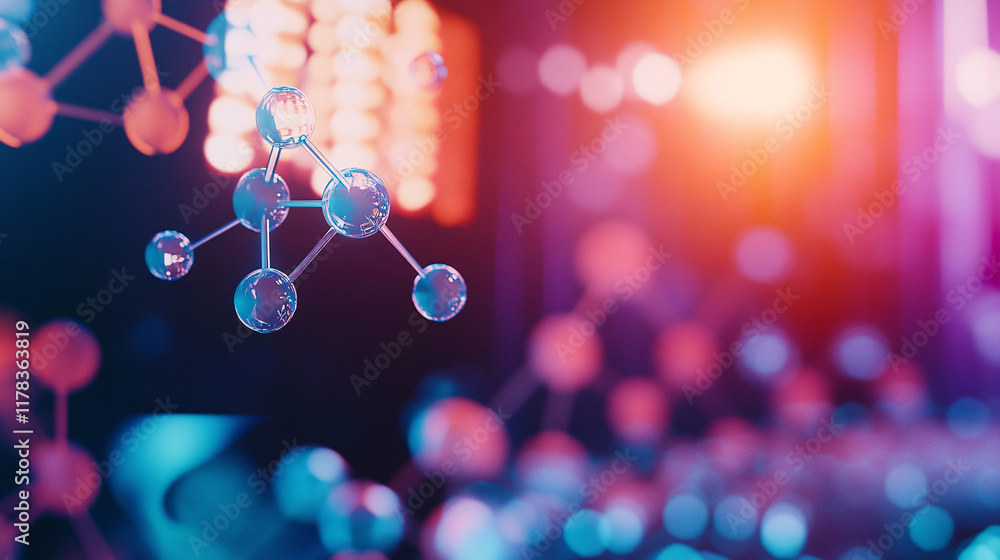Poster an abstract keynote speech at a futuristic science conference, with vibrant holograms of molecular m
