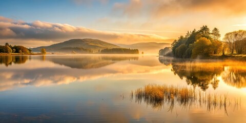 Naklejka premium A serene Irish lake at dawn with misty waters and surrounding hills in shades of golden light