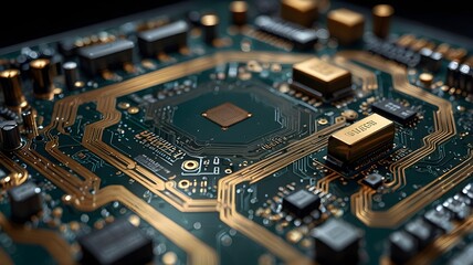 Fototapeta premium A close-up of a green electronic circuit board with microchips, capacitors, and components, showcasing computer technology and hardware