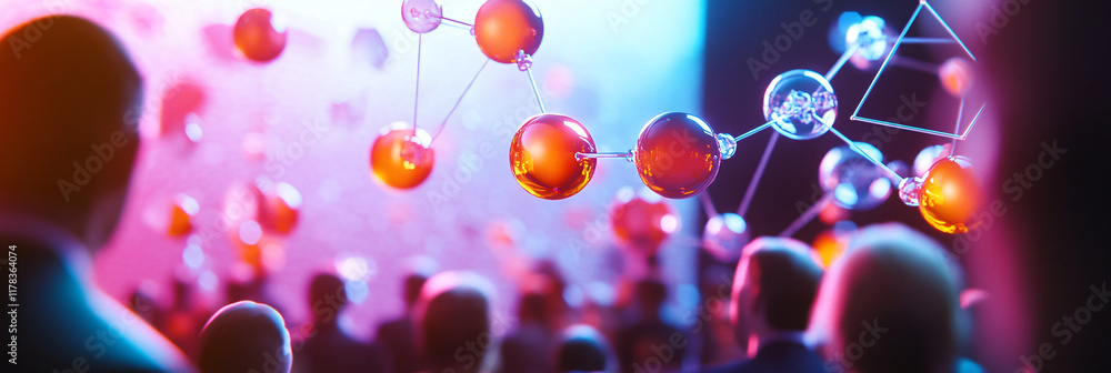 Poster an abstract keynote speech at a futuristic science conference, with vibrant holograms of molecular m