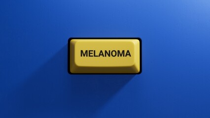 The hand puts a yellow button with the letter melanoma. The word is written on yellow button.close up button of keyboard,Business Concept.3D rendering on blue background.