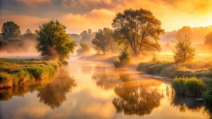 Obraz premium Golden Sunrise Over Serene River Mist, Illuminating Lush Green Banks and Silhouetted Trees Reflecting in Still Waters