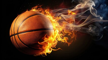Obraz premium A basketball on fire against a dark and mysterious black background with flames licking at the edges, intense
