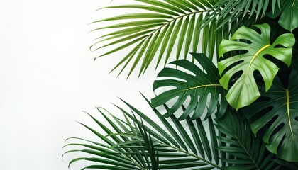 Exotic tropical leaves form corner against white backdrop. Realistic illustration of palm, monstera leaves. Tropical plant design great for summer themed decor. Paradise theme illustration perfect