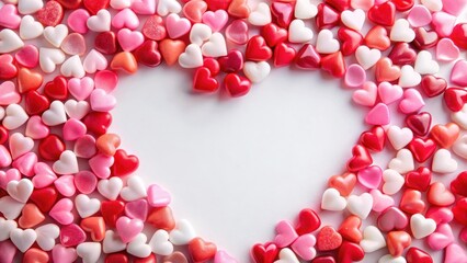 Obraz premium Colorful heart-shaped candies scattered on a white background with pastel pink and red hues surrounding them, Valentine's Day treats, sweet indulgence