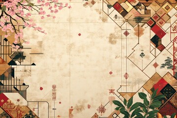 Artistic background featuring cherry blossoms and geometric patterns.