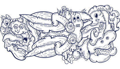 Doodle art pattern design in black and white brush style. It shows odd creatures interacting to give shape to new ones. The seamless design aligns in a mirrored way following two symmetrical axes