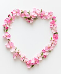Naklejka premium A stunning heart-shaped frame crafted from delicate pink flowers rests elegantly on a pristine white surface, radiating love and beauty for Valentine's Day.