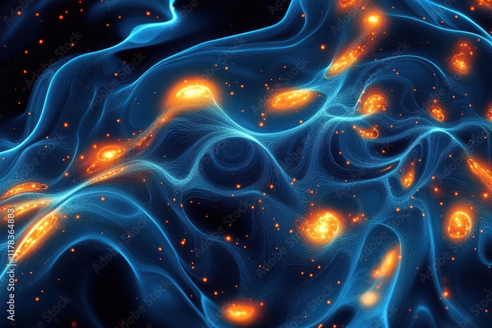 Poster abstract blue and orange energy flowing dynamically across a dark background with glowing particles