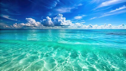 Obraz premium Turquoise ocean surface with waves gently lapping against the shore, creating a soothing visual effect in the distance, set against a bright blue sky , aquatic view, calm water