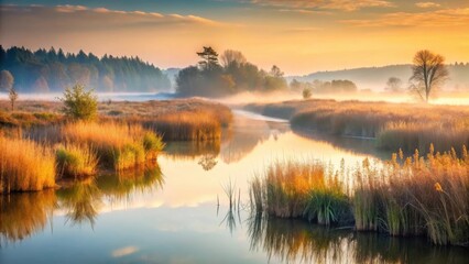 Fototapeta premium Serene autumnal sunrise over a tranquil waterway, reflecting the golden light and misty landscape