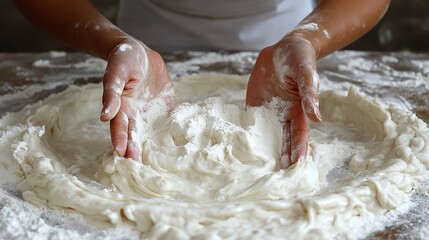 Baker kneads dough, floury hands, kitchen, rustic background, food blog