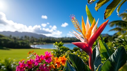 Vibrant bird of paradise flower in full bloom against a tropical landscape backdrop.