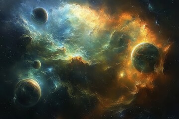 A vibrant cosmic scene featuring colorful nebulae and planets in deep space.