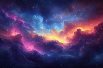 Naklejka premium A vibrant cosmic scene filled with colorful nebulae and stars, evoking a sense of wonder.