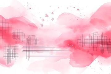 Abstract watercolor painting with pink hues and geometric patterns.