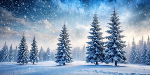 Naklejka premium Frosty pine trees standing tall amidst the remnants of a blizzard, with snowflakes gently falling from the sky and a serene winter landscape in the background , nature, landscape