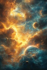 Obraz premium A vibrant cosmic scene showcasing swirling clouds and planets in a colorful nebula.