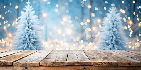 A simple wooden table sits alone in a room with a blurred winter holiday background featuring snow-covered trees and twinkling lights, winter holidays, frozen scenery