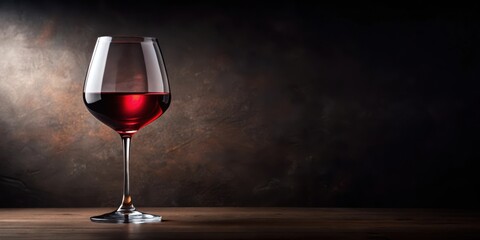 A delicate wine glass filled with a rich red liquid against a dark background, beverage