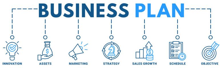 Business Plan banner web icon vector illustration concept with icon of innovation, assets, marketing, strategy, sales growth, schedule, objective	