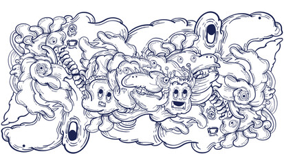 Doodle art pattern design in black and white brush style. It shows odd creatures interacting to give shape to new ones. The seamless design aligns in a mirrored way following two symmetrical axes