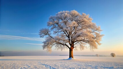 A lone tree stands tall amidst snow-covered landscape, its branches bare and frosty, with a few scattered leaves frozen in time , snow