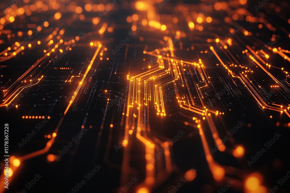 Poster glowing circuit board: abstract technological design with orange lines and nodes, illuminating digit