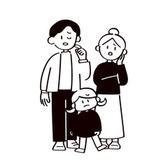 悩む三人家族のイラスト
