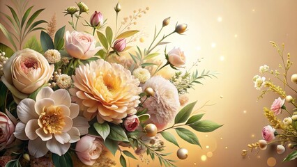 A Luxurious Bouquet of Pastel Roses, Dahlias, and Delicate Blossoms, Adorned with Golden Accents Against a Soft, Golden Background
