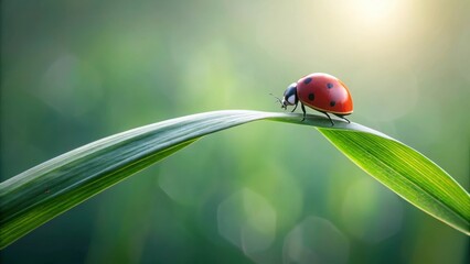 Fototapeta premium A ladybug's delicate journey across a vibrant green blade of grass, bathed in the soft glow of sunlight, embodies the peaceful harmony of nature's intricate design.
