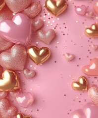 Pink and gold hearts dance across a soft pink background, creating a dreamy and romantic atmosphere perfect for celebrating love on Valentine's Day.