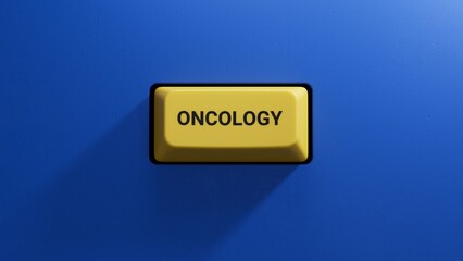 The word ONCOLOGY is written on yellow button. Medical concept.close up button of keyboard,Business Concept.3D rendering on blue background.