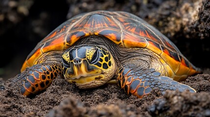 Obraz premium Galapagos Tortoise Nesting Volcanic Beach Wildlife