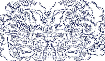 Doodle art pattern design in black and white brush style. It shows odd creatures interacting to give shape to new ones. The seamless design aligns in a mirrored way following two symmetrical axes