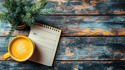 new year resolutions 2025 on desk. 2025 goals list with notebook, coffee cup, plant on wooden table. resolutions, plan, goals, action, checklist, idea concept. new year 2025 template, copy space