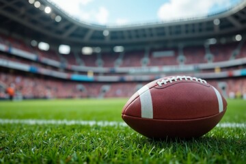 American Football Rests On Stadium Grass Field