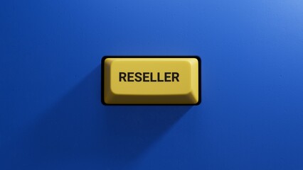The word reseller is written on yellow button.close up button of keyboard,Business Concept.3D rendering on blue background.